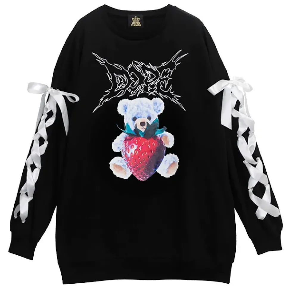 LISTEN FLAVOR Strawberry Bear Lace-Up Sleeve Pullover