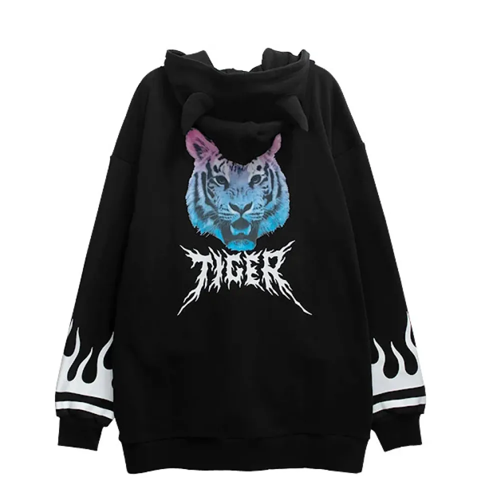 LISTEN FLAVOR Tiger and Fire Horn Pad Zip Hoodie