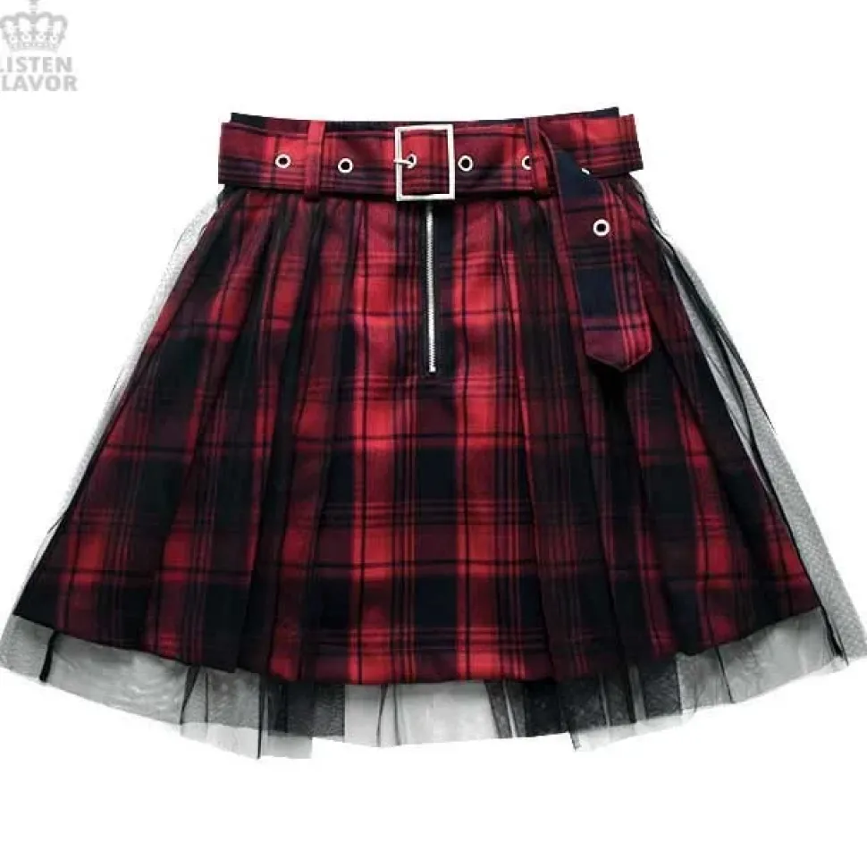 LISTEN FLAVOR Tulle Pleated Mini Skirt w/ Belt