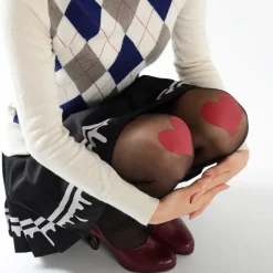 Takeuchi 18 Denier Black Sheer Tights - Knee Heart Motif (Red)